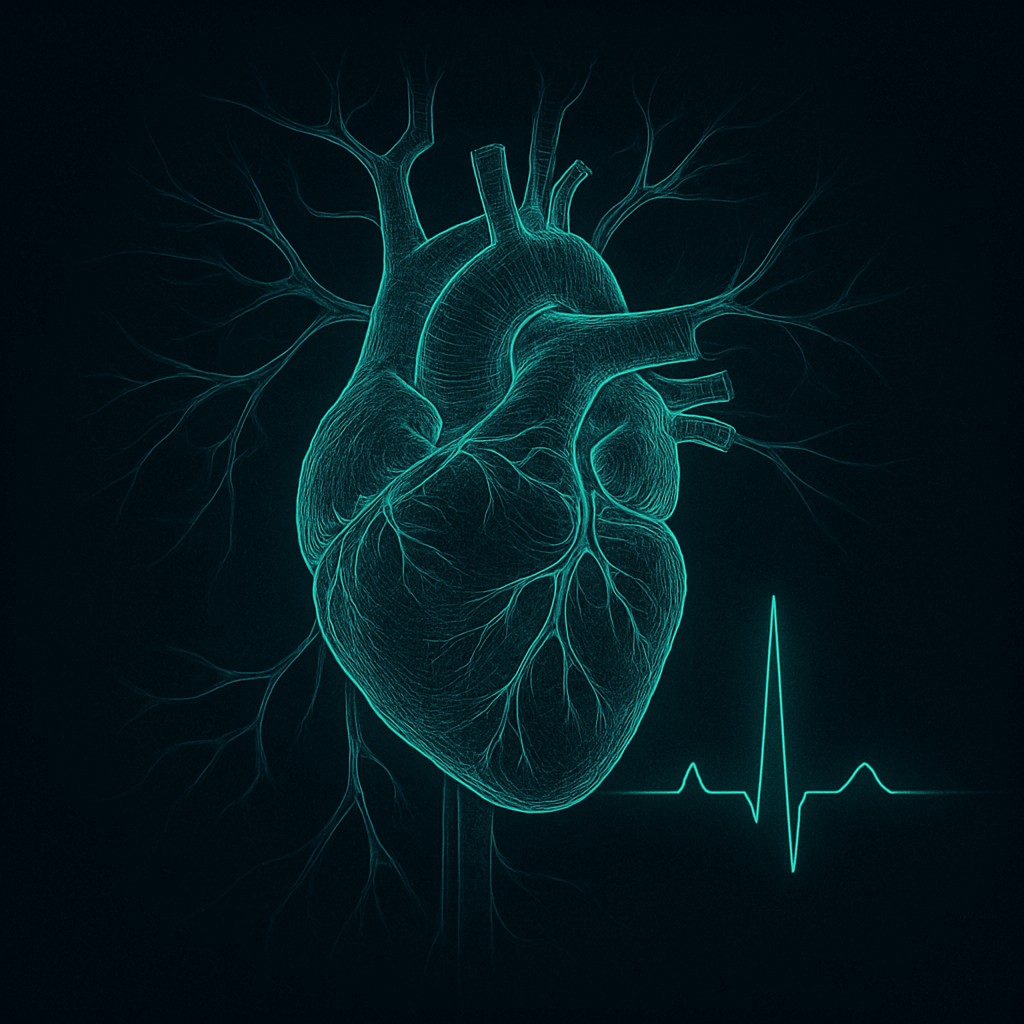 Abstract visualization of a human heart and ECG waveform rendered in glowing data lines